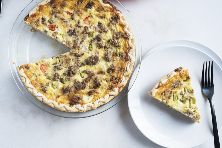 Nana’s Sausage, Pepper, and Onion Breakfast Quiche - Pretty in Pistachio